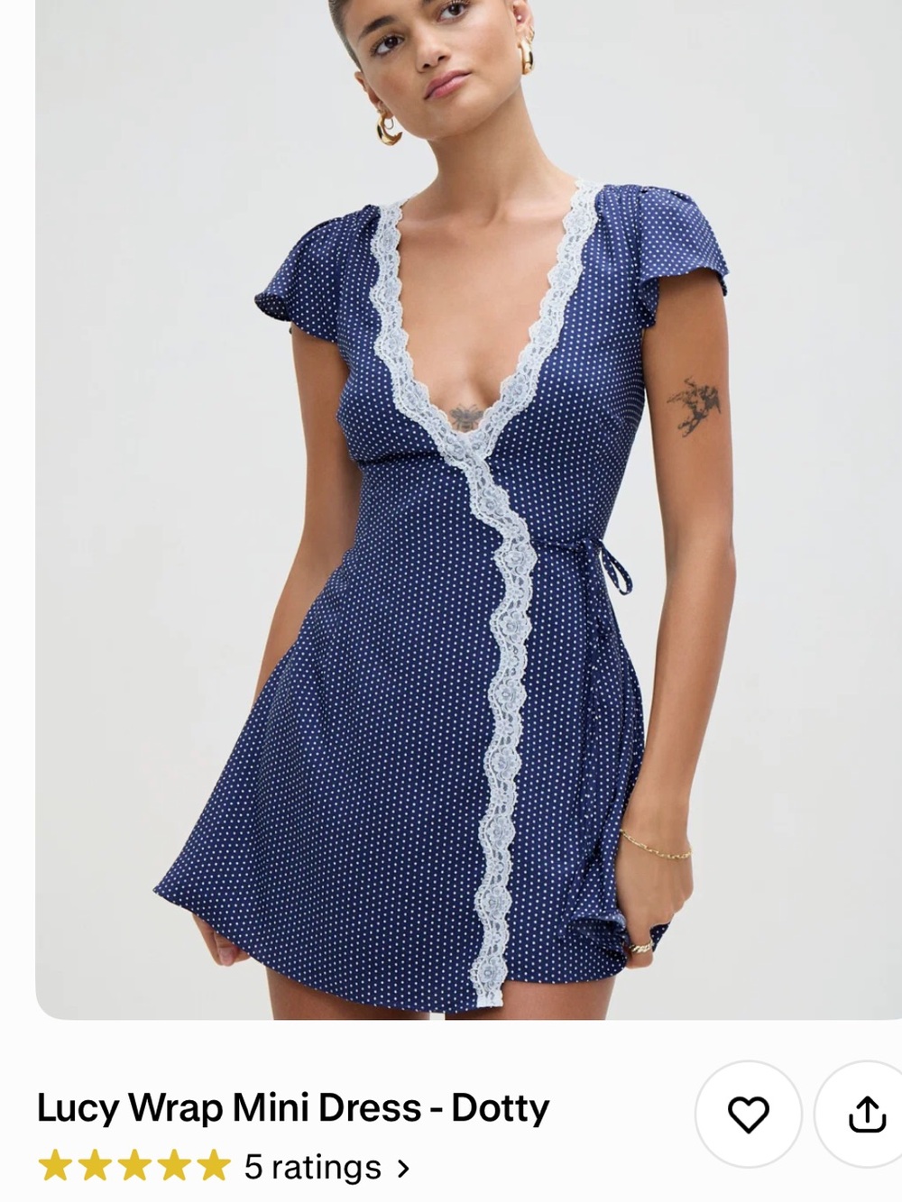Frankie's Bikinis Navy Dot Wrap Mini Dress with White Lace